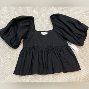 Things Between - Black Balloon Sleeve Babydoll Crop Top Size Medium NWT